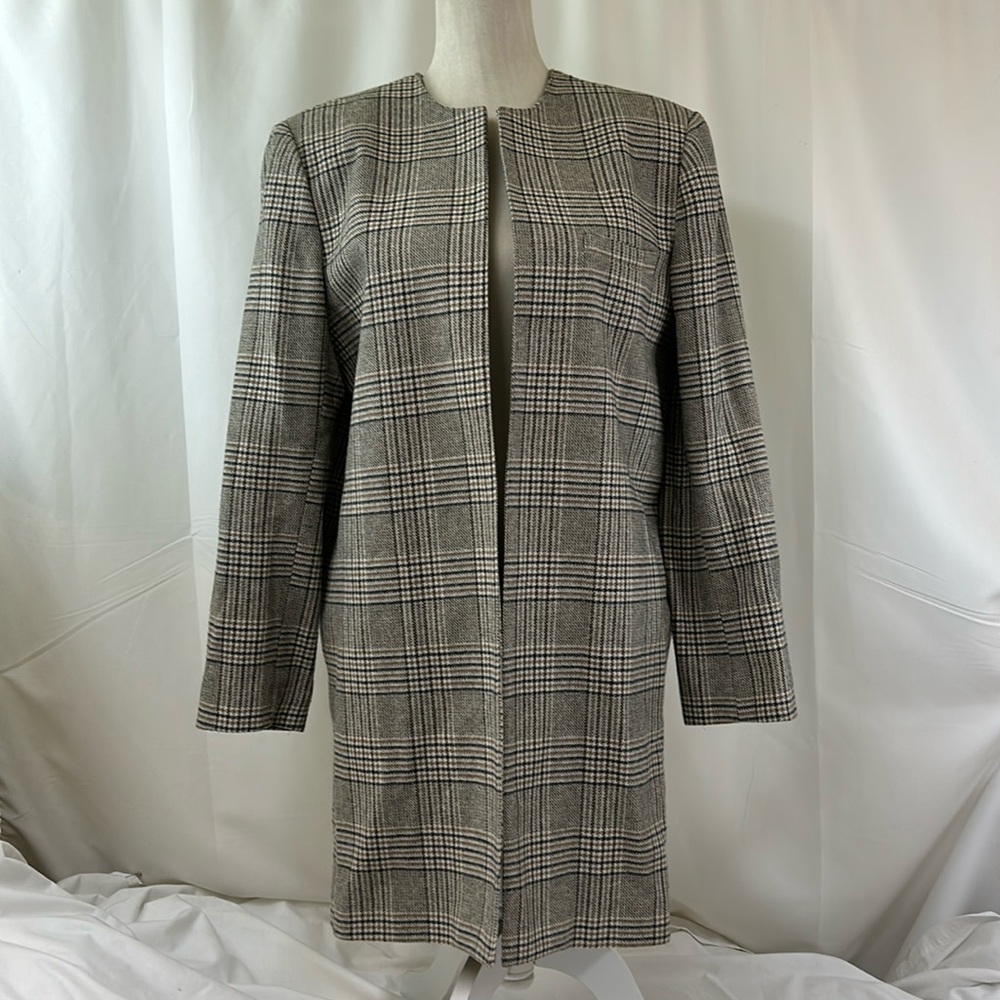 Gloria Vanderbilt Vintage Wool Blend Gray and Tan Plaid Blazer Jacket Size 12